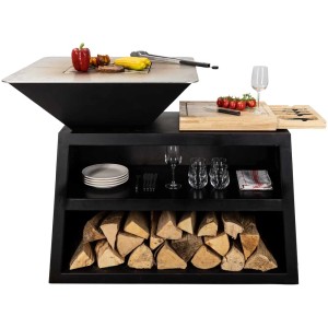 BBQ-Grill Duro Pro nero con superficie di cottura, legna e set di coltelli. Ideale per grigliare a carbone.