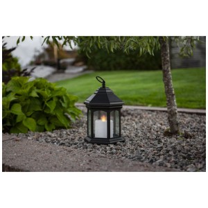 Lanterne LED noire Linta de Star Trading, 26x15x17 cm, avec fonction minuterie pour intérieur et extérieur.