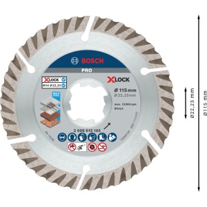 Disco diamantato Bosch X-Lock 115 mm. Disco argentato con segmenti diamantati per smerigliatrici angolari.