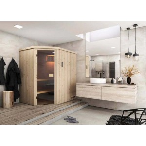 Sauna Finntherm Pearl Natur, 194x144cm, paroi 40mm, avec porte en verre dans une salle de bain.