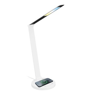 Lampada da scrivania a LED bianca Brilo Cuma con ricarica induttiva e dimmer touch.