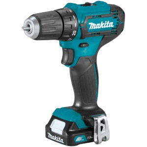 Visseuse-perceuse sans fil Makita DF333DSYJ turquoise et noire, avec batterie et chargeur.