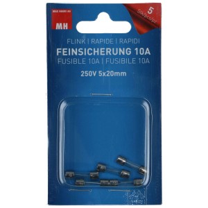 Fusibili rapidi, 250V, 10A, set da 5 pezzi.