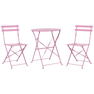 Set bistro Fiori rosa, 3 pezzi: tavolo pieghevole in metallo e due sedie per balcone o patio.