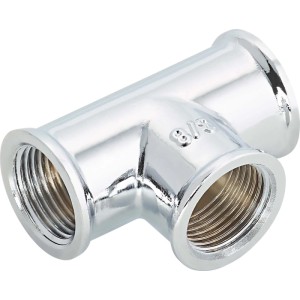 Raccordo a T filettato in ottone cromato 14,9 mm (Rp 3/8) per riscaldamento e acqua potabile.