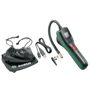 Pompe à air sans fil Bosch EasyPump avec accessoires et sac.