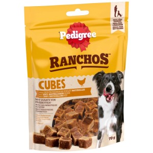 Confezione gialla Pedigree Ranchos Cubes snack per cani al pollo, cubetti e cane felice. 70g bocconcini.