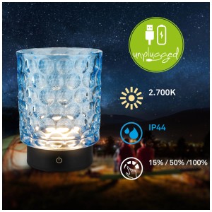 Lampe de table LED rechargeable Briloner en verre bleu, dimmable, IP44, 2W, 150lm.