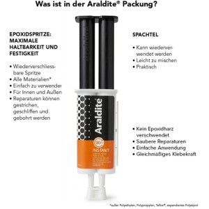 Araldite 2K-Kleber Instant 90 Sec. transparent in Doppelspritze mit Spachtel für schnelle Reparaturen.