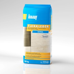 Sacco blu di Knauf Flexkleber Extra Grigio 20 kg, adesivo flessibile per piastrelle per pareti e pavimenti.