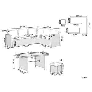 Schéma de l'ensemble lounge Bardi : Canapé d'angle en rotin, table, tabourets avec dimensions. Mobilier de jardin pour 5 personnes.