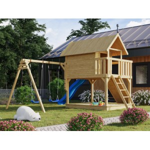 Maison sur pilotis Karibu Fidel avec balançoire double et toboggan bleu dans le jardin.