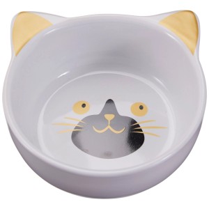 Gamelle en céramique blanche avec motif chat, Ø 13,1 cm, idéale pour nourriture ou eau.