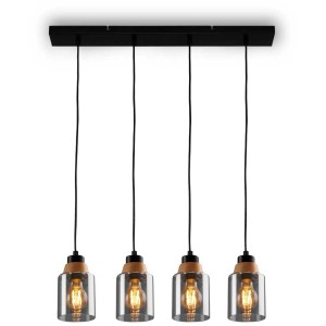 Suspension Briloner avec 4 lampes en verre fumé et éléments en bois. Design vintage pour ampoules E27.