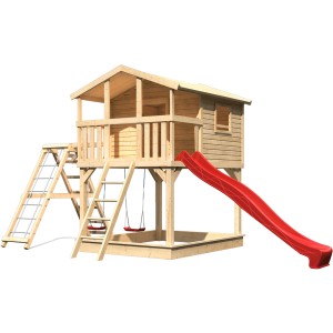 Maison sur pilotis Karibu Benjamin avec balançoire double, structure d'escalade et toboggan rouge.