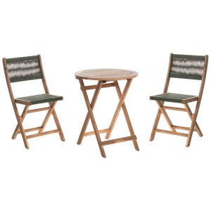 Set bistro Beliani Prossedi, legno acacia, verde, composto da tavolo e due sedie.