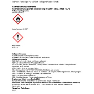 Etikett von Albrecht Holzsiegel PU-Klarlack, transparent seidenmatt, mit Gefahrenhinweisen.