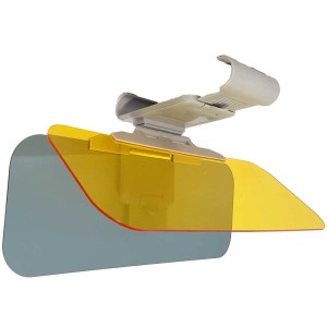 Parasole auto 2in1 con visiere gialle e grigie per il montaggio sull'aletta parasole.