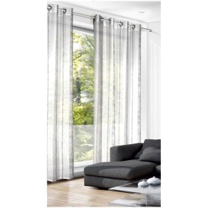 Tenda a occhielli con stampa floreale argento, 245x135 cm, drappeggiata davanti alla finestra.