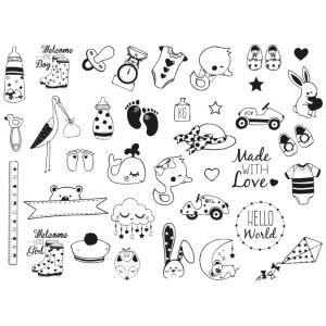 Aladine Stempel-Set Geburt mit 36 Stempeln und Stempelkissen für Babykarten und Scrapbooking.