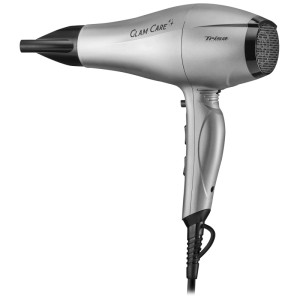 Sèche-cheveux Trisa Glam Care argenté avec embout de coiffage et diffuseur.