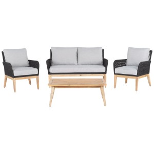 Ensemble lounge Beliani Merano 4 places avec table, bois d'acacia gris. Salon de jardin avec fauteuils et canapé.