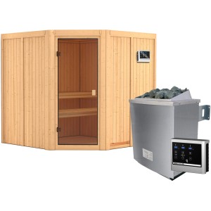 Sauna Karibu Kotka con stufa e centralina. Sauna in legno massello con porta in vetro bronzato. Ideale per il relax.