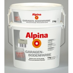 Alpina Garagenbodenfarbe Betongrau, 5 kg und 2 kg Gebinde.