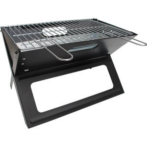 Barbecue de table pliable noir avec surface de cuisson chromée pour le camping et les pique-niques.