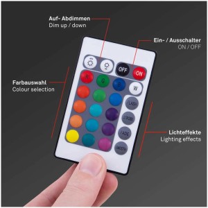 Telecomando per illuminazione TV LED Brilo, nero, con pulsanti colorati per cambio colore e dimmer.