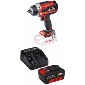 Clé à chocs sans fil Einhell Impaxxo 18/400 avec batterie, chargeur et jeu de douilles pour changement de pneus.