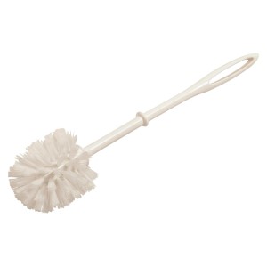 Brosse WC ronde blanche avec manche en plastique et poils en polypropylène.