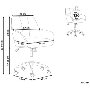 Schizzo sedia da ufficio Palmdale grigia con dimensioni, portata max 136 kg.