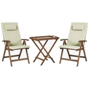 Beliani Bistro-Set Amantea Premium: 2 Akazien-Hochlehner mit hellgrünen Kissen und klappbarem Tisch.