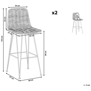 Illustration du tabouret de bar Beliani Cassita, lot de 2, rotin marron, avec dimensions.