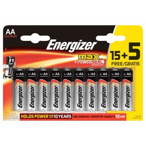 Batterie Energizer Alkaline Max AA, confezione da 20 (15+5 gratis), lunga durata.