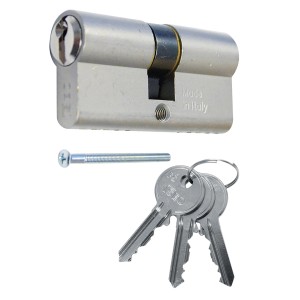 Cylindre profilé Alpertec 40mm, laiton nickelé, avec 3 clés et vis.