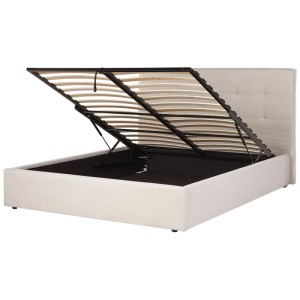 Beliani Bett Lorient Beige 160x200 cm mit geöffnetem Stauraum unter Lattenrost.