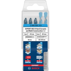 Set di punte per trapano Bosch Expert Hex-9, 5 pezzi per piastrelle e multi costruzione.