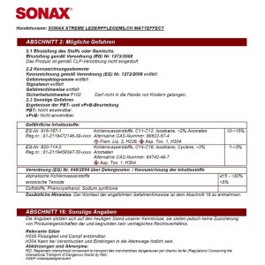 Etikett der Sonax Xtreme Lederpflegemilch 500ml mit Gefahrenhinweisen und Inhaltsstoffen.