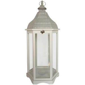Lanterne en bois blanche hexagonale (taille L) avec panneaux de verre pour une lumière de bougie chaleureuse.