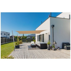 Vela ombreggiante rettangolare Windhager Capri color canna (3x4m) che crea ombra su un patio.