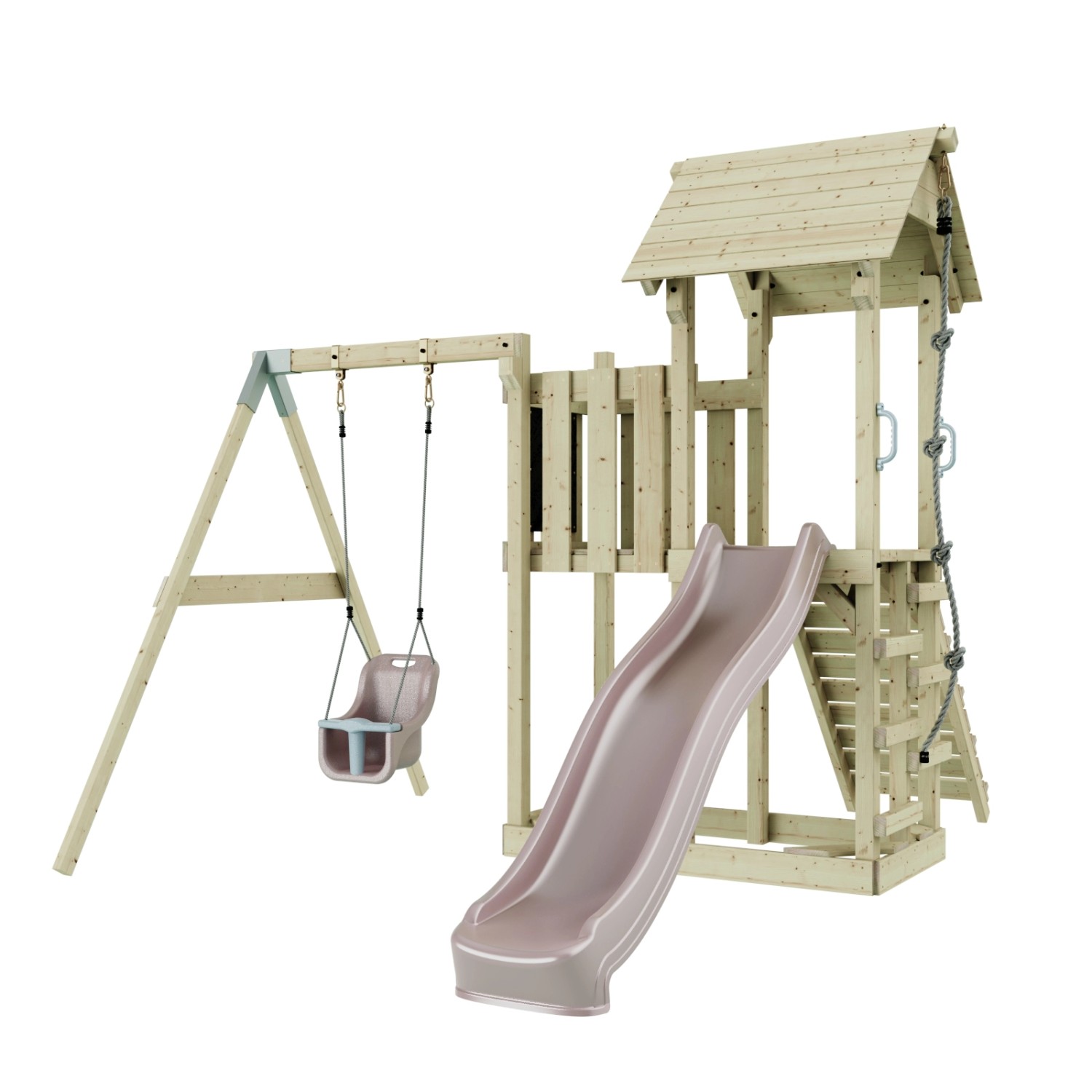 PolarPlay Spielturm Bergen Babyschaukel Kletterturm Rutsche Altrosa