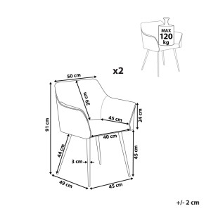 Dimensions de la chaise de salle à manger orange Beliani Jasmin en velours (lot de 2).
