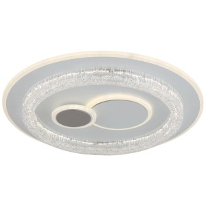Plafonnier LED rond en métal blanc mat avec abat-jour en acrylique, deux anneaux lumineux et effet cristal.
