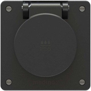 Presa a muro Exo nera Tipo25 IP55 con coperchio a cerniera per ambienti umidi.