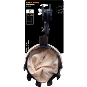 Raccoglifrutta Fiskars per giraffe da taglio, accessorio con sacco in tessuto per la raccolta.