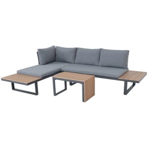 Ensemble lounge 3 pièces Acamp Lamia avec coussins gris et table avec plateau en polywood.