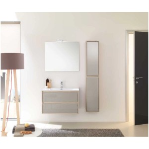 Armoire haute Elba Ulme Rousseau, élément d'un ensemble de meubles de salle de bain avec deux portes et façade en verre gris.