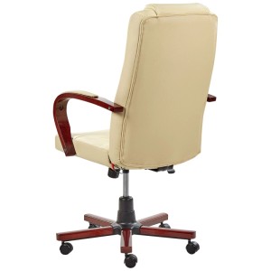 Poltrona massaggiante Beliani Diamond in vera pelle beige, vista posteriore con braccioli in legno e rotelle.